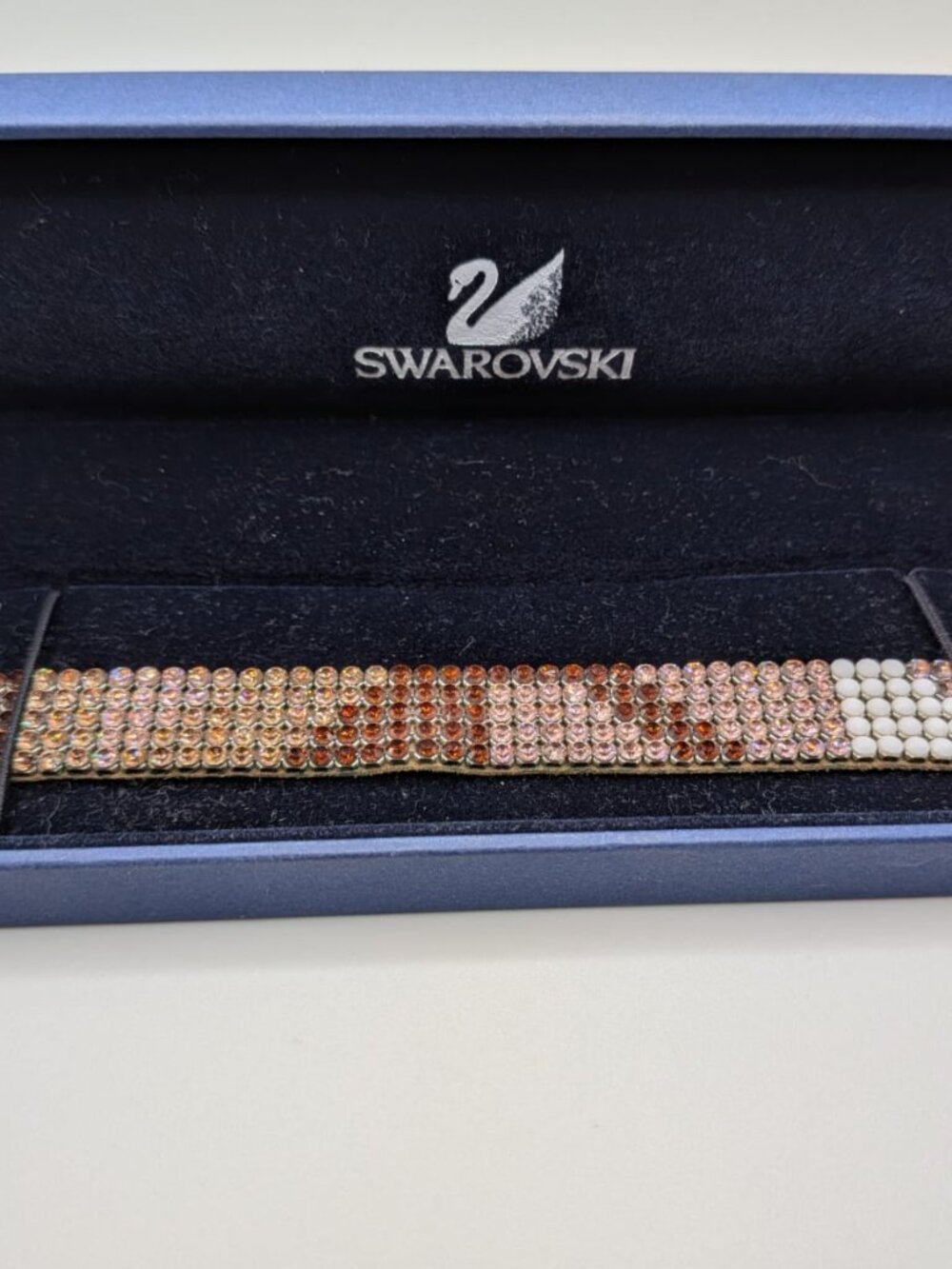 Swarovski Crystal Mesh Bracelet Amber Champagne White Suede Toggle Swan Signed